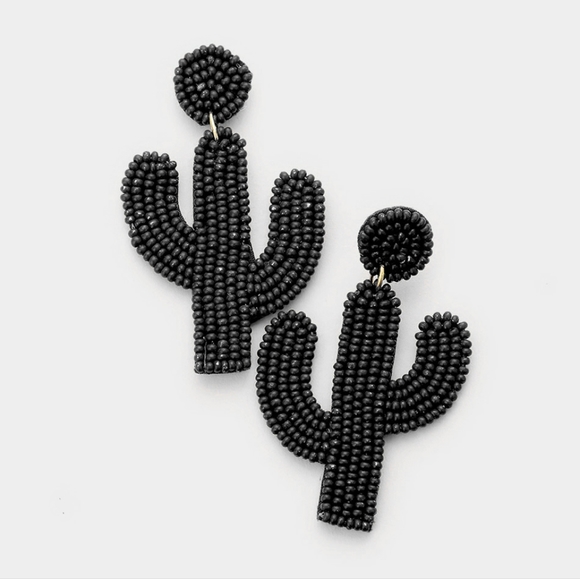 Beaded Black Cactus Dangle Earrings Fun Shaped Felt Back Drop Statement Jewelry - Picture 1 of 3